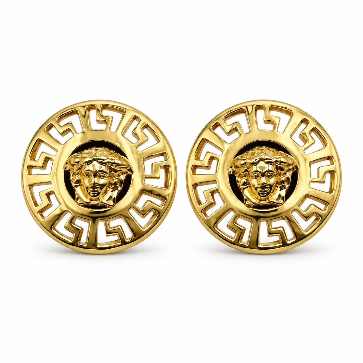 10K Yellow Gold Greek Medusa Earrings - 45 degree view