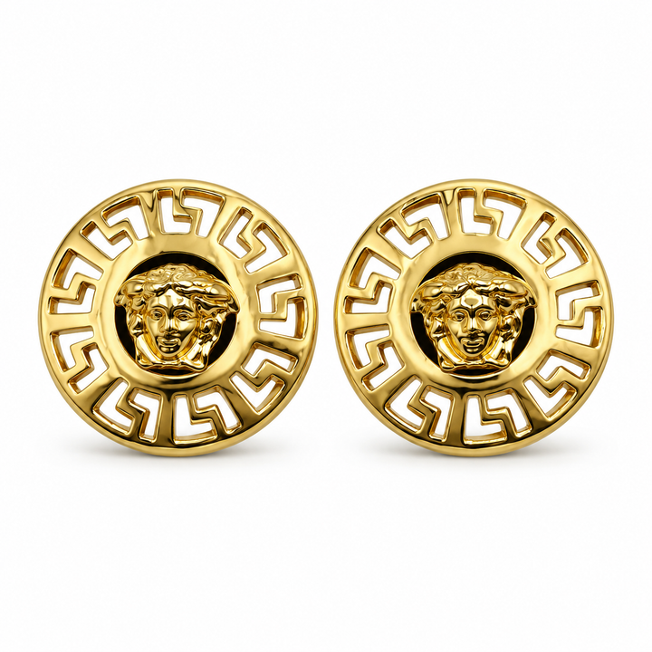 10K Yellow Gold Greek Medusa Earrings - front view