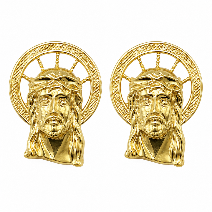 10K Yellow Gold Halo Jesus Earrings - front view