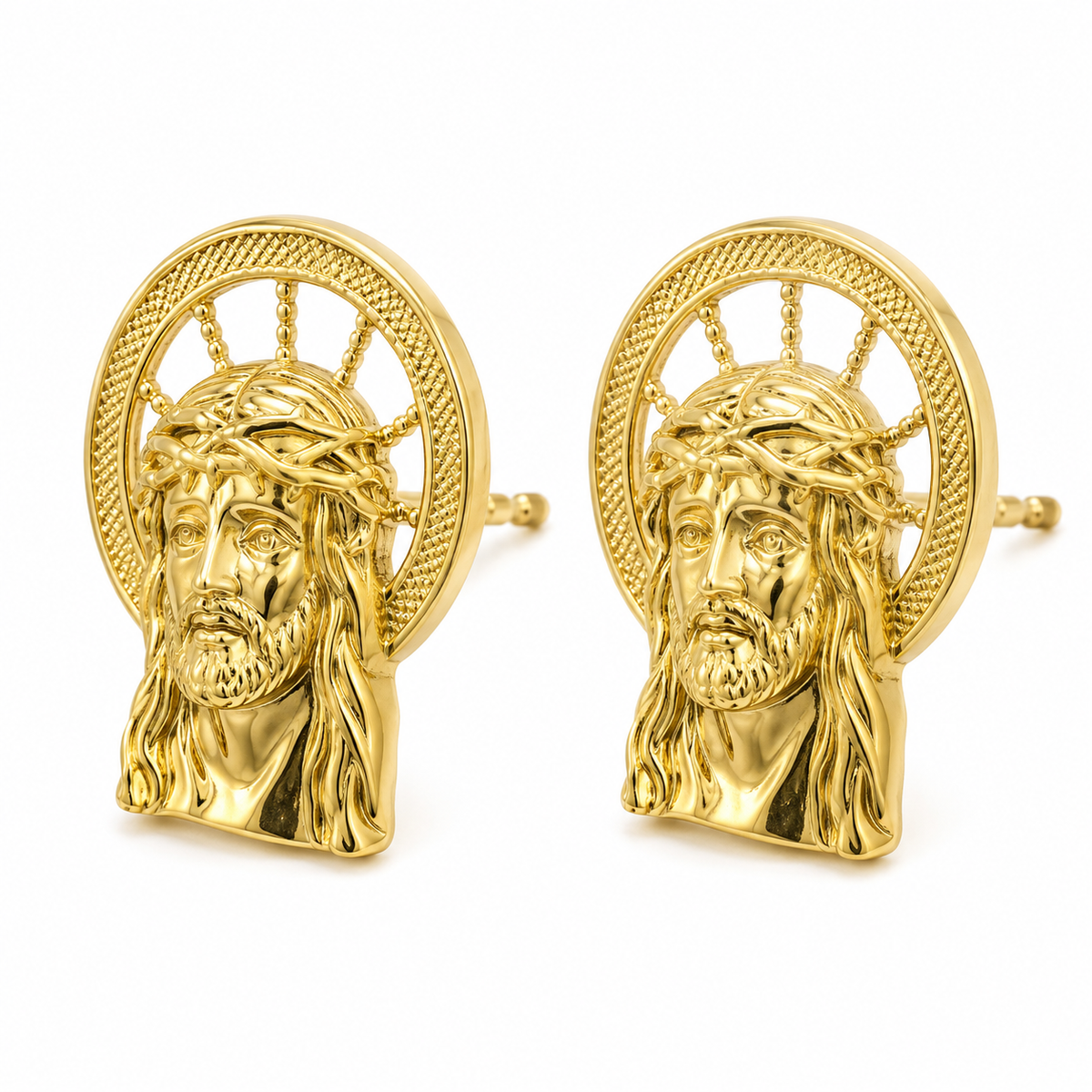10K Yellow Gold Halo Jesus Earrings - 45 degree view
