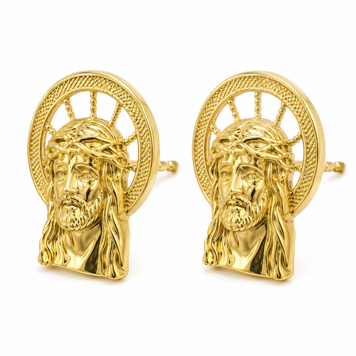 10K Yellow Gold Halo Jesus Earrings - front view