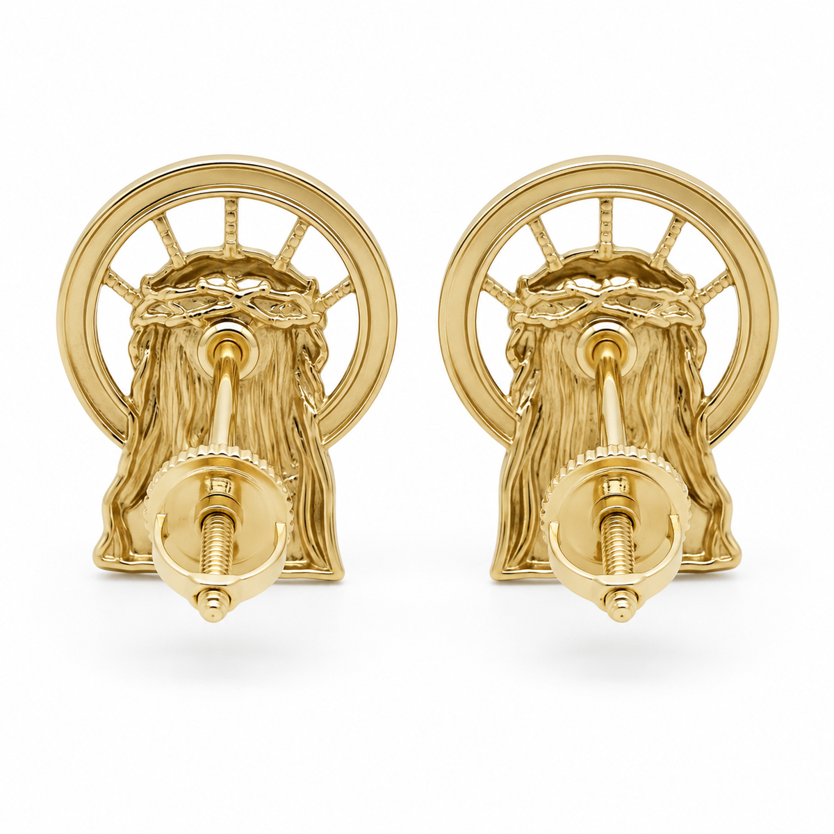 10K Yellow Gold Halo Jesus Earrings - back view