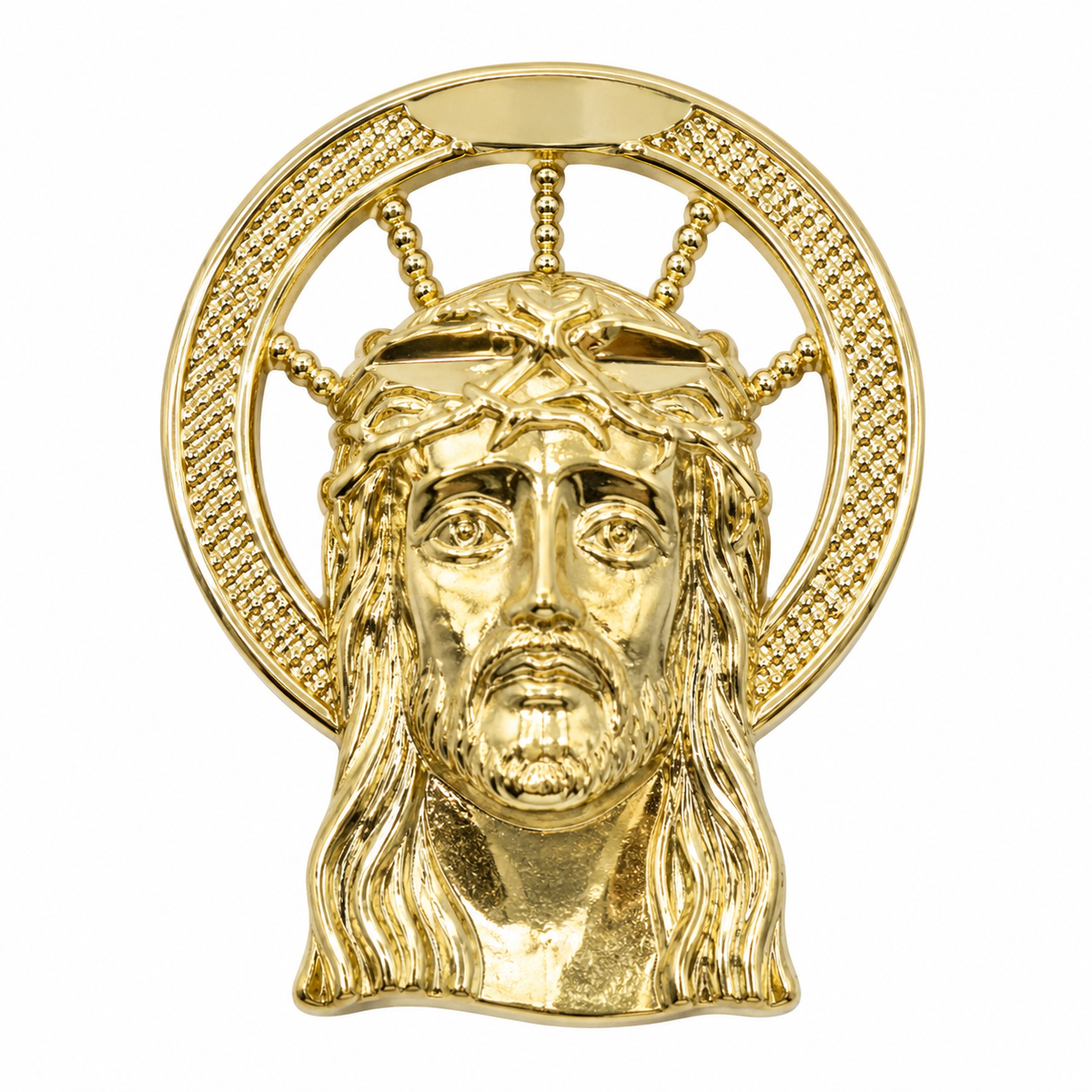 10K Yellow Gold Halo Jesus Earrings - macro detail
