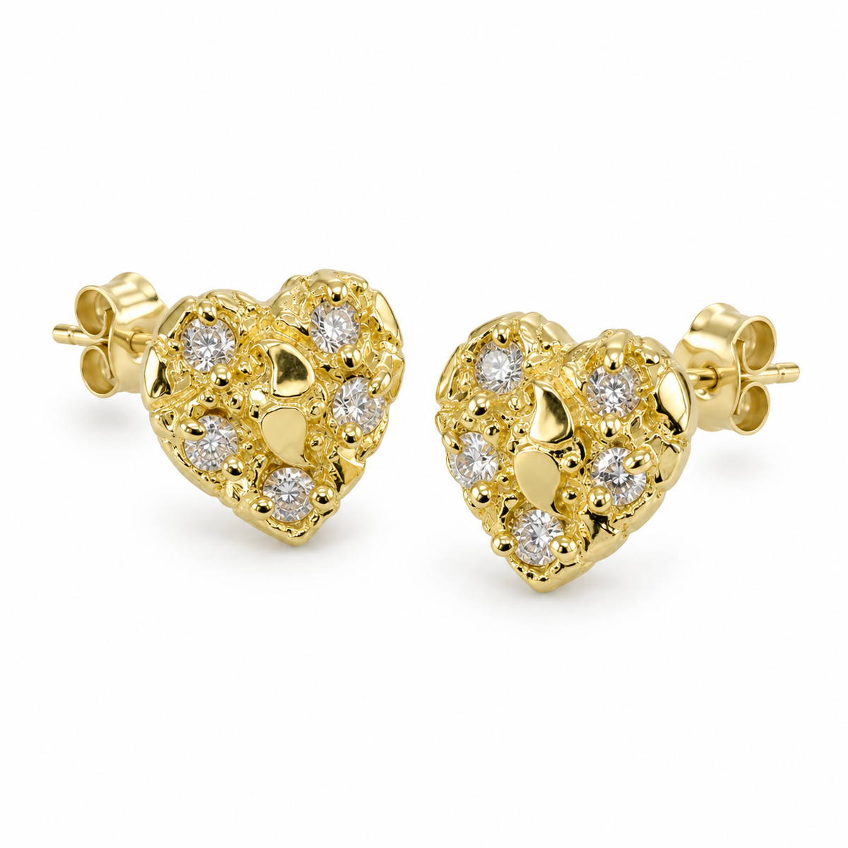 10K Yellow Gold Heart CZ Nugget Earrings 10mm - 45 degree view