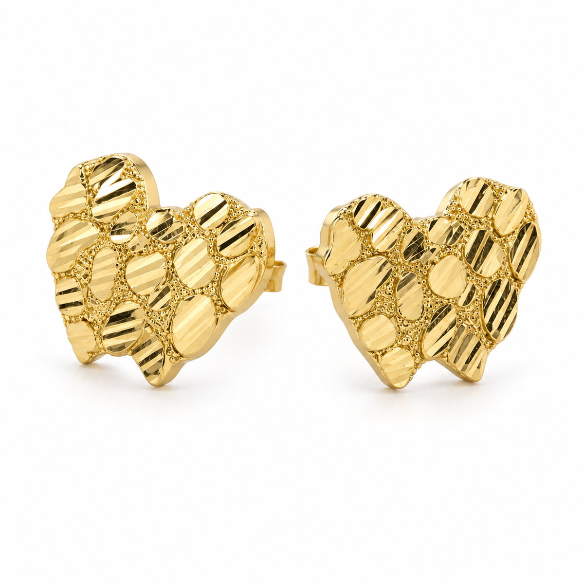 10K Yellow Gold Heart Nugget Earrings (18mm) - 45 degree view