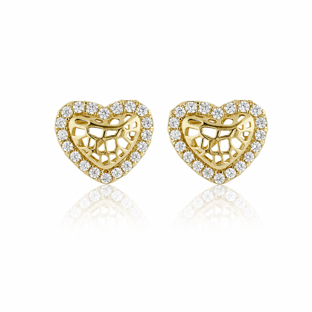 10K Yellow Gold Heart Nugget Earrings with CZ Border (Xs) - front view