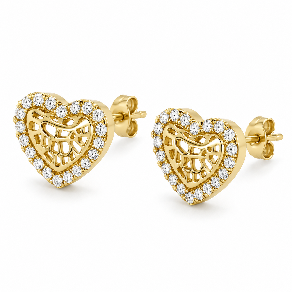10K Yellow Gold Heart Nugget Earrings with CZ Border (Xs) - 45 degree view