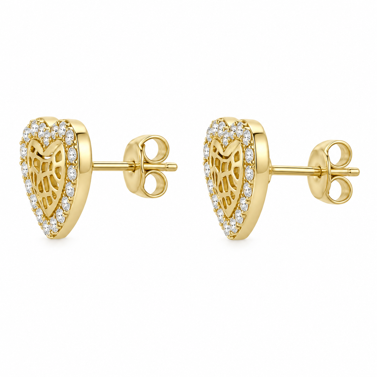 10K Yellow Gold Heart Nugget Earrings with CZ Border (Xs) - side view