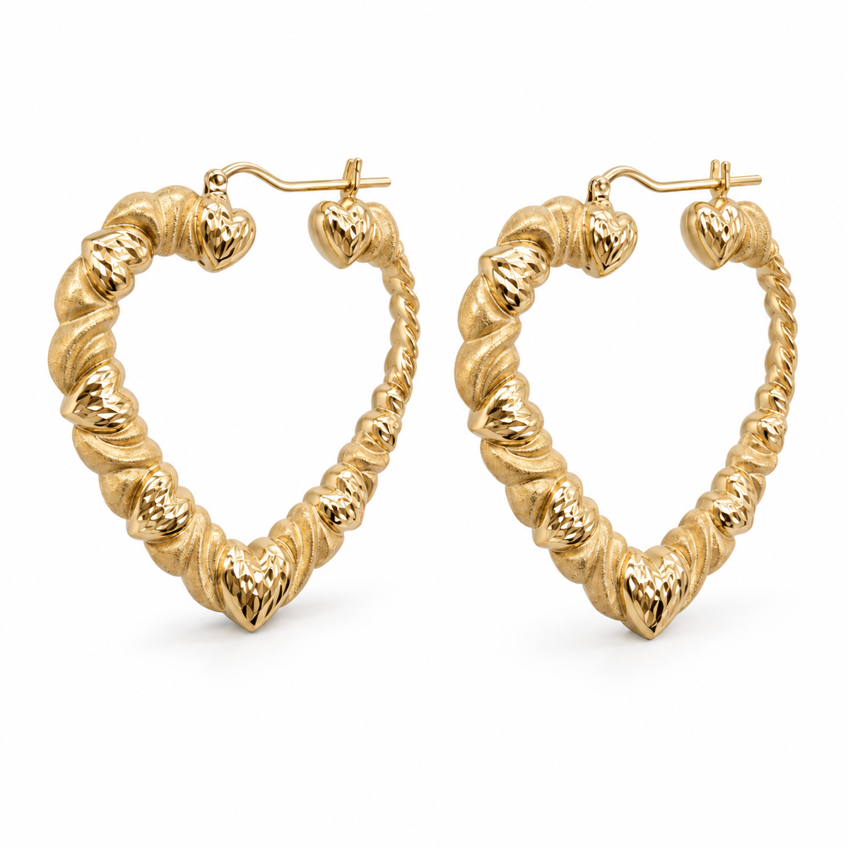10K Yellow Gold Heart Pattern Earrings (1.9") - 45 degree view