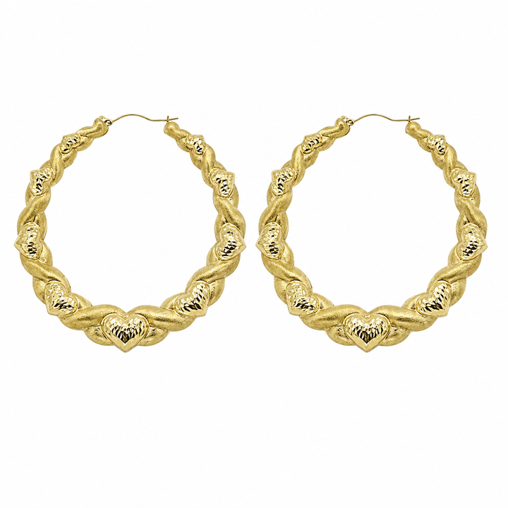 10K Yellow Gold Heart XO Hoop Earrings 80mm - front view