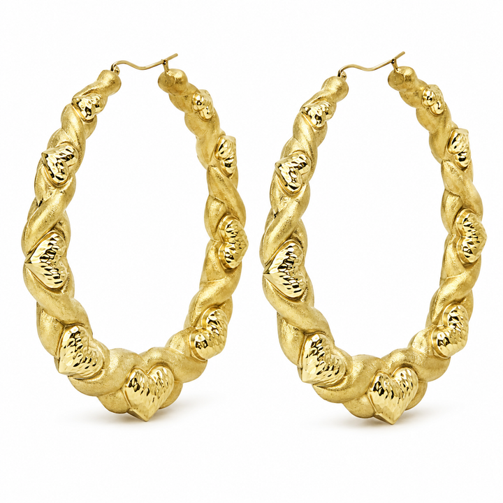 10K Yellow Gold Heart XO Hoop Earrings 80mm - front view
