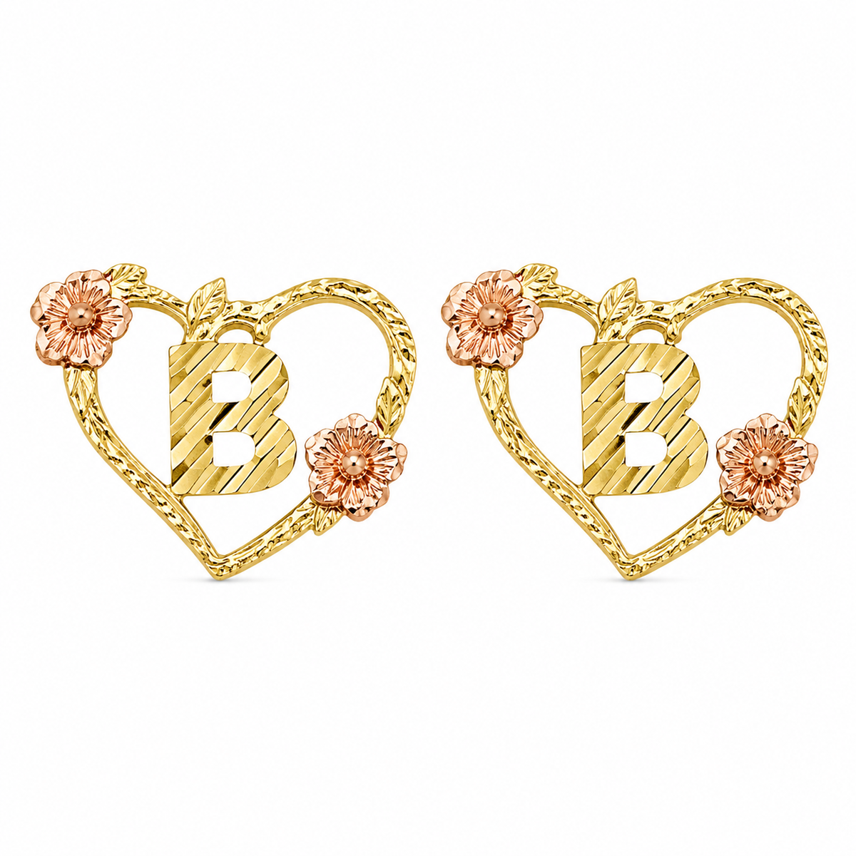 10K Yellow Gold Heart with Roses Initial Earrings - front view