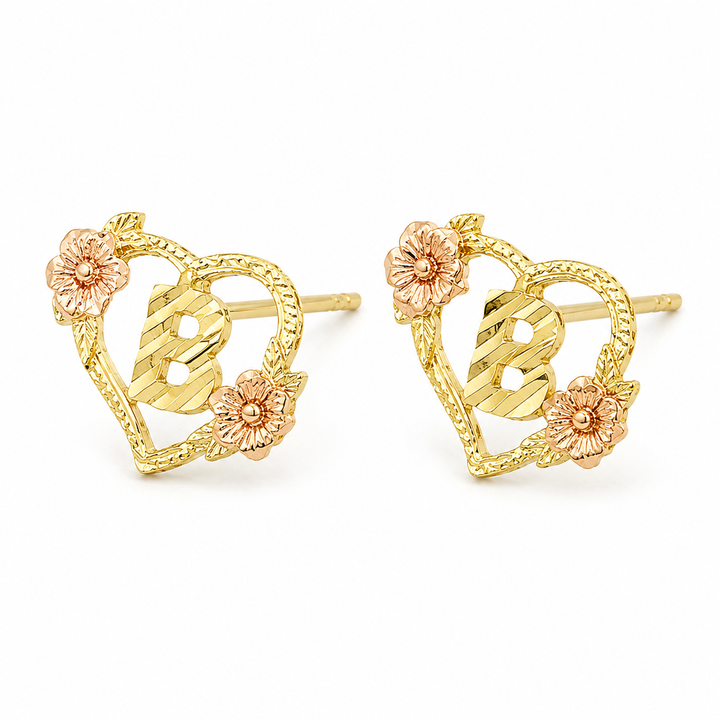 10K Yellow Gold Heart with Roses Initial Earrings - front view