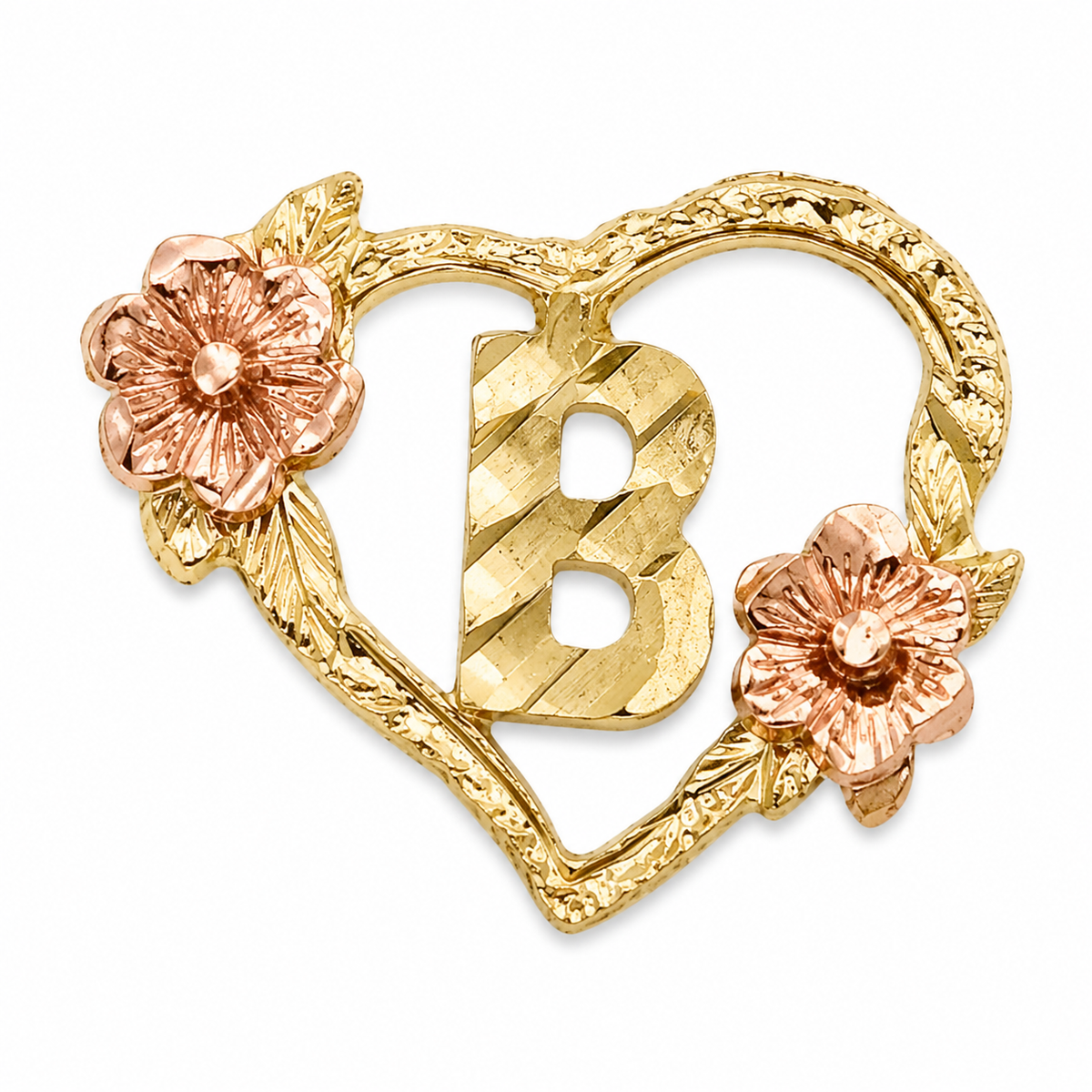 10K Yellow Gold Heart with Roses Initial Earrings - macro detail