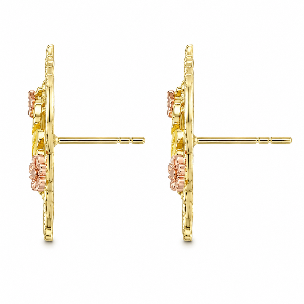 10K Yellow Gold Heart with Roses Initial Earrings - side view