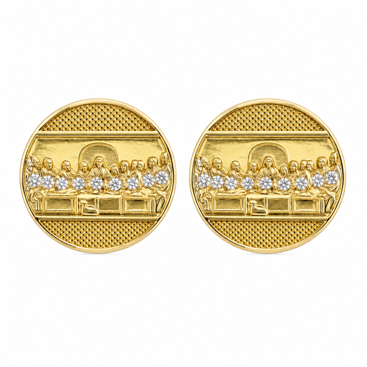 10K Yellow Gold Last Supper Disc Earrings (sm) - front view