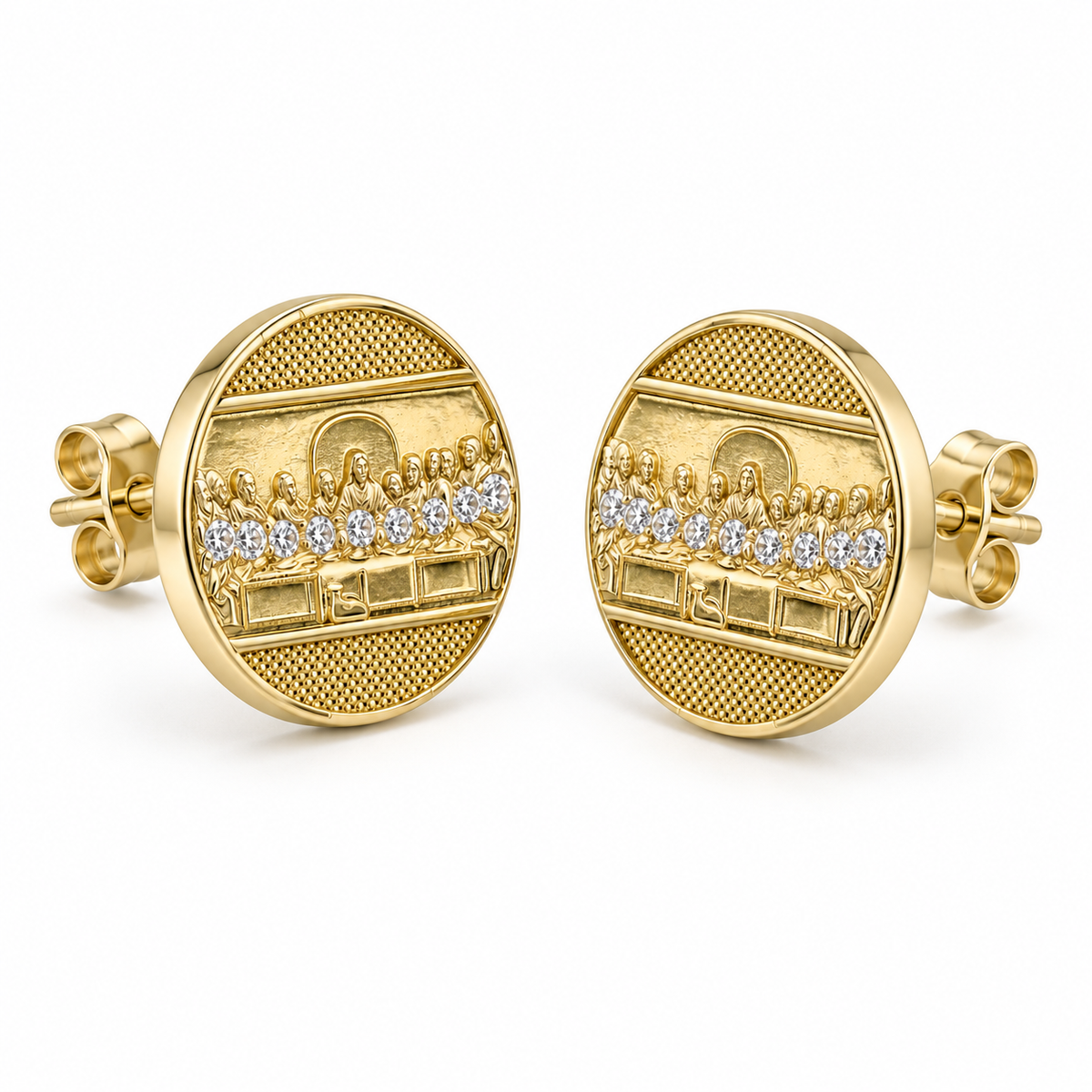 10K Yellow Gold Last Supper Disc Earrings (sm) - 45 degree view