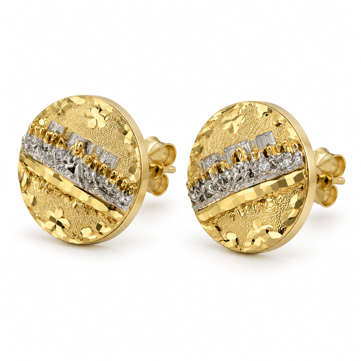 10K Yellow Gold Last Supper Earrings - 45 degree view