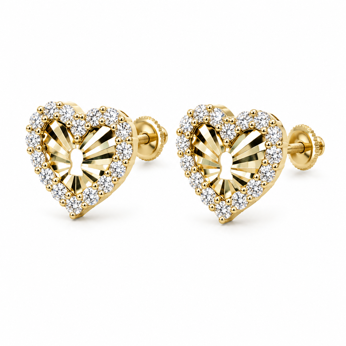 10K Yellow Gold Lock key Earrings (Screwback) - 45 degree view
