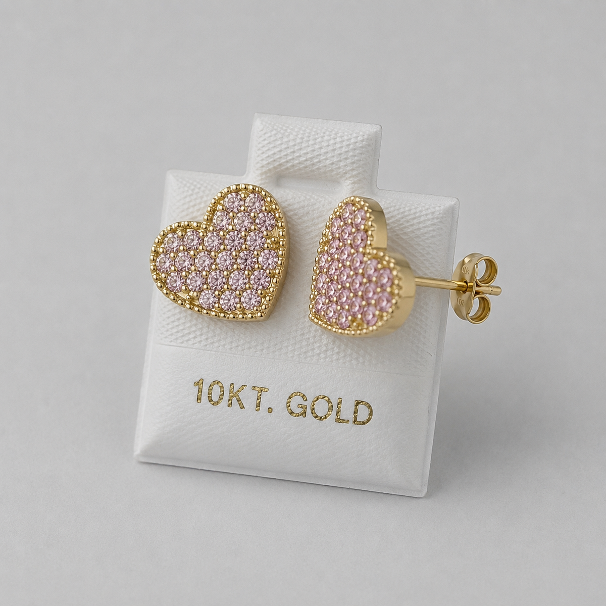 10K Yellow Gold Lumi Heart CZ Earrings Pink - front view