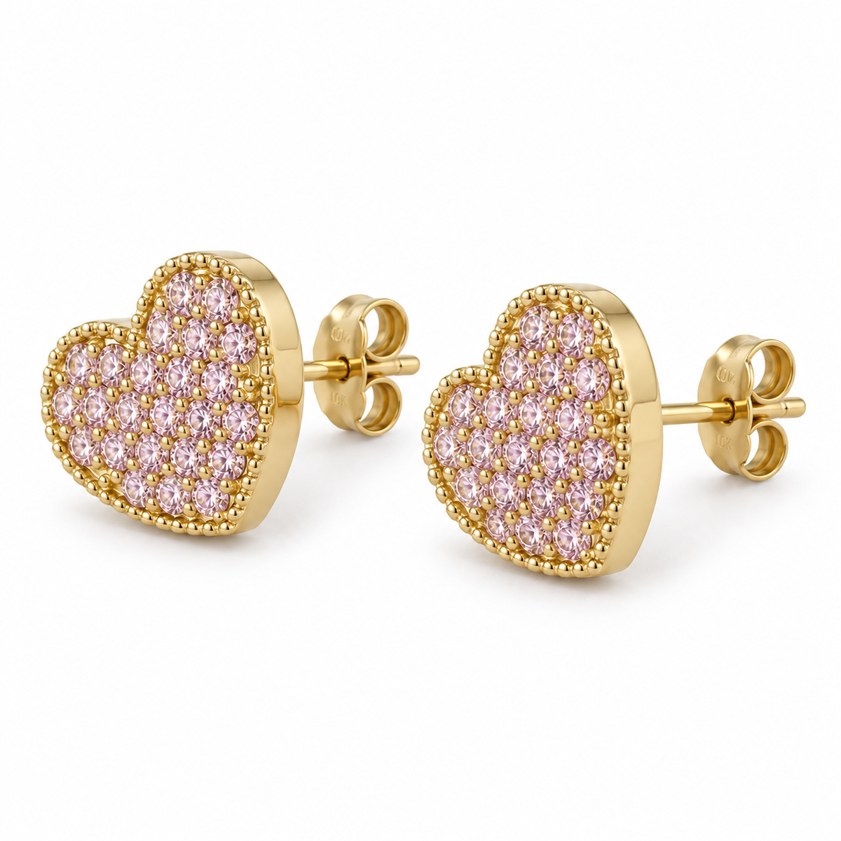 10K Yellow Gold Lumi Heart CZ Earrings Pink - 45 degree view