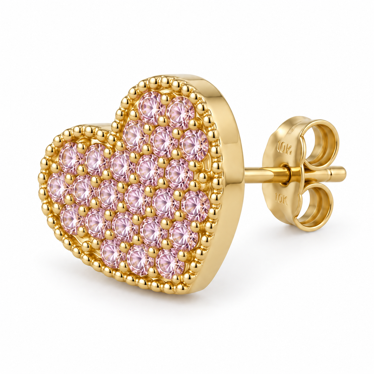 10K Yellow Gold Lumi Heart CZ Earrings Pink - macro detail