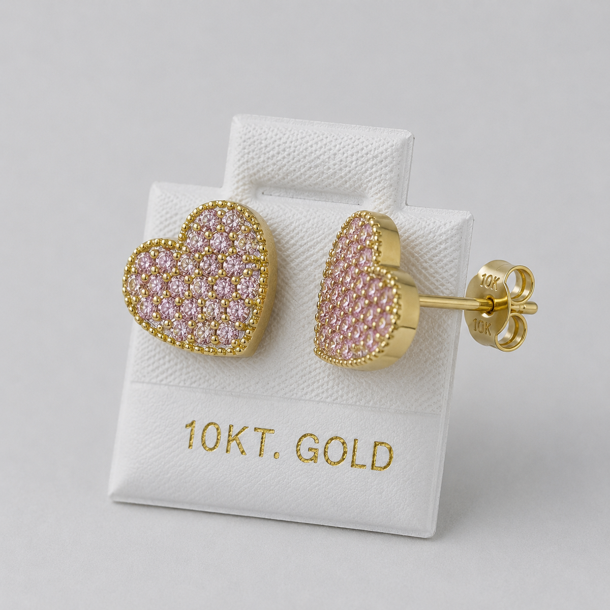 10K Yellow Gold Lumi Heart CZ Earrings Pink - side view