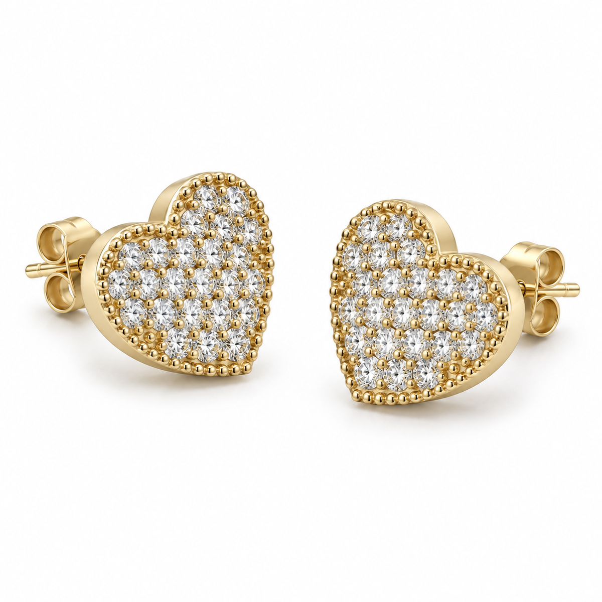 10K Yellow Gold Lumi Heart CZ Earrings White - 45 degree view