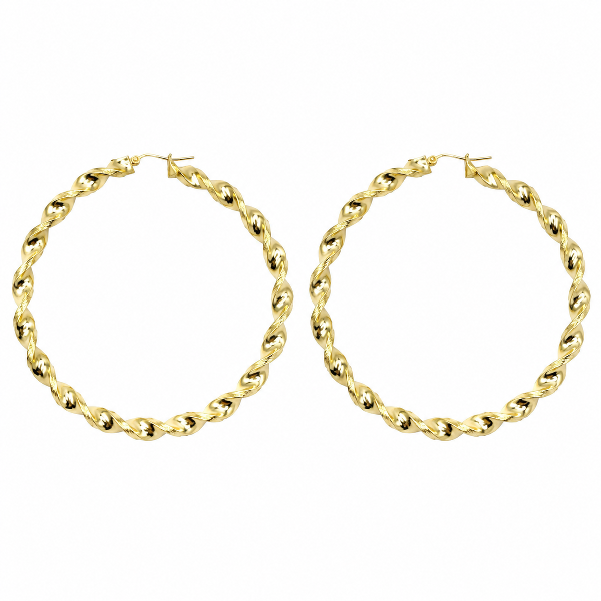 10K Yellow Gold Matte Cut Twist Hoops 3.5 inch - front view