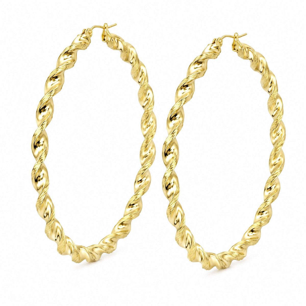 10K Yellow Gold Matte Cut Twist Hoops 3.5 inch - 45 degree view