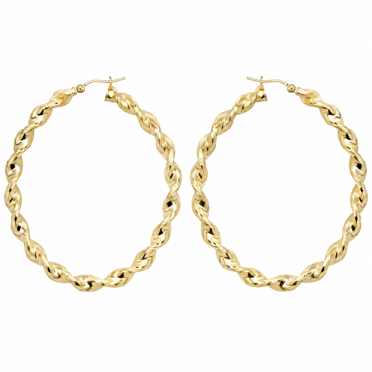 10K Yellow Gold Matte Cut Twist Hoops 3.5 inch - back view