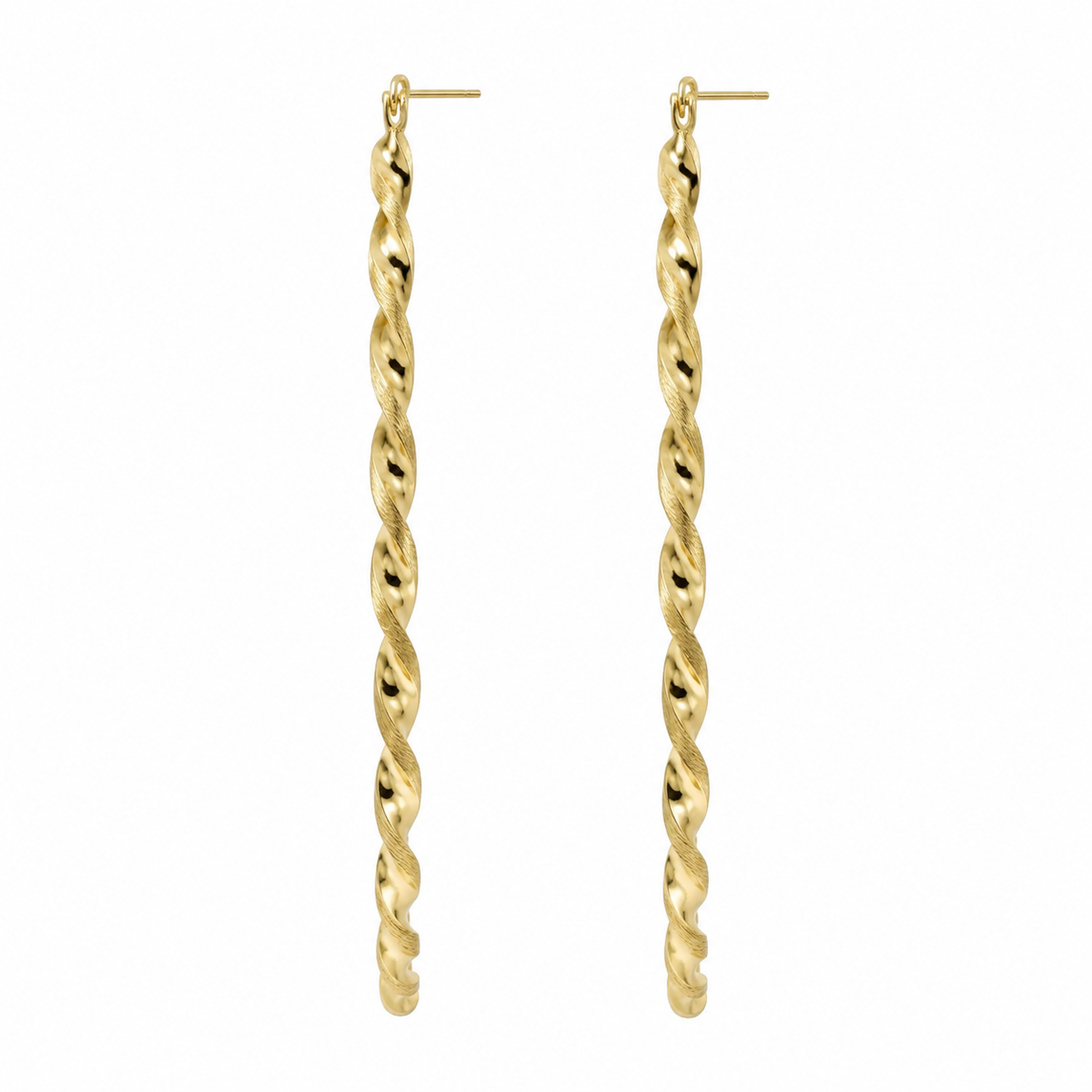 10K Yellow Gold Matte Cut Twist Hoops 3.5 inch - side view