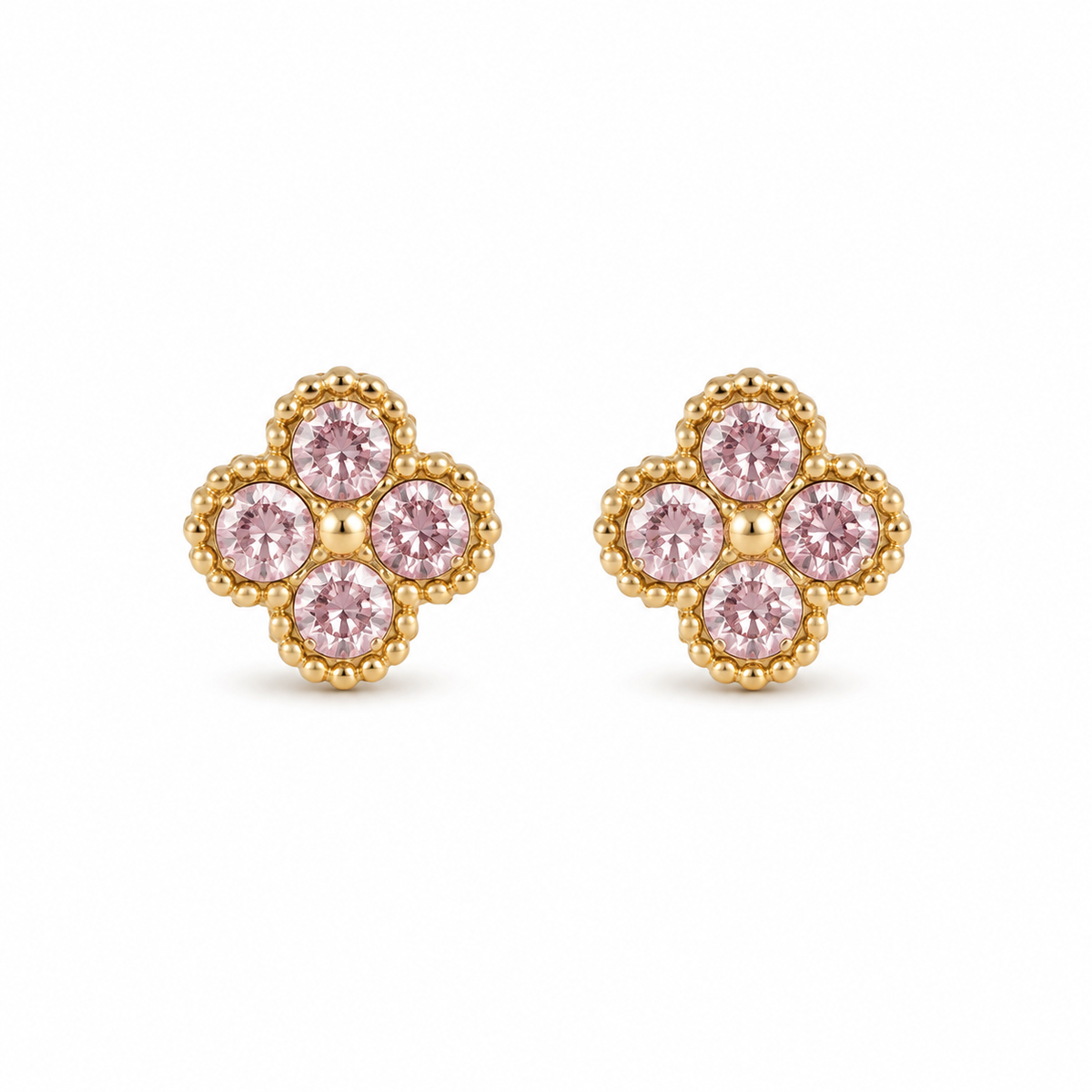10K Yellow Gold Micro Pink CZ Clover Earrings - front view