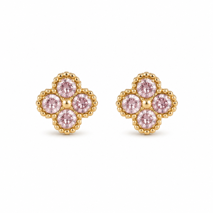 10K Yellow Gold Micro Pink CZ Clover Earrings - front view