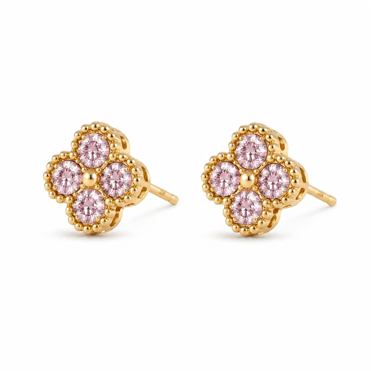10K Yellow Gold Micro Pink CZ Clover Earrings - 45 degree view