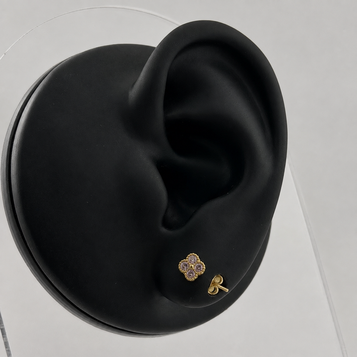10K Yellow Gold Micro Pink CZ Clover Earrings - front view
