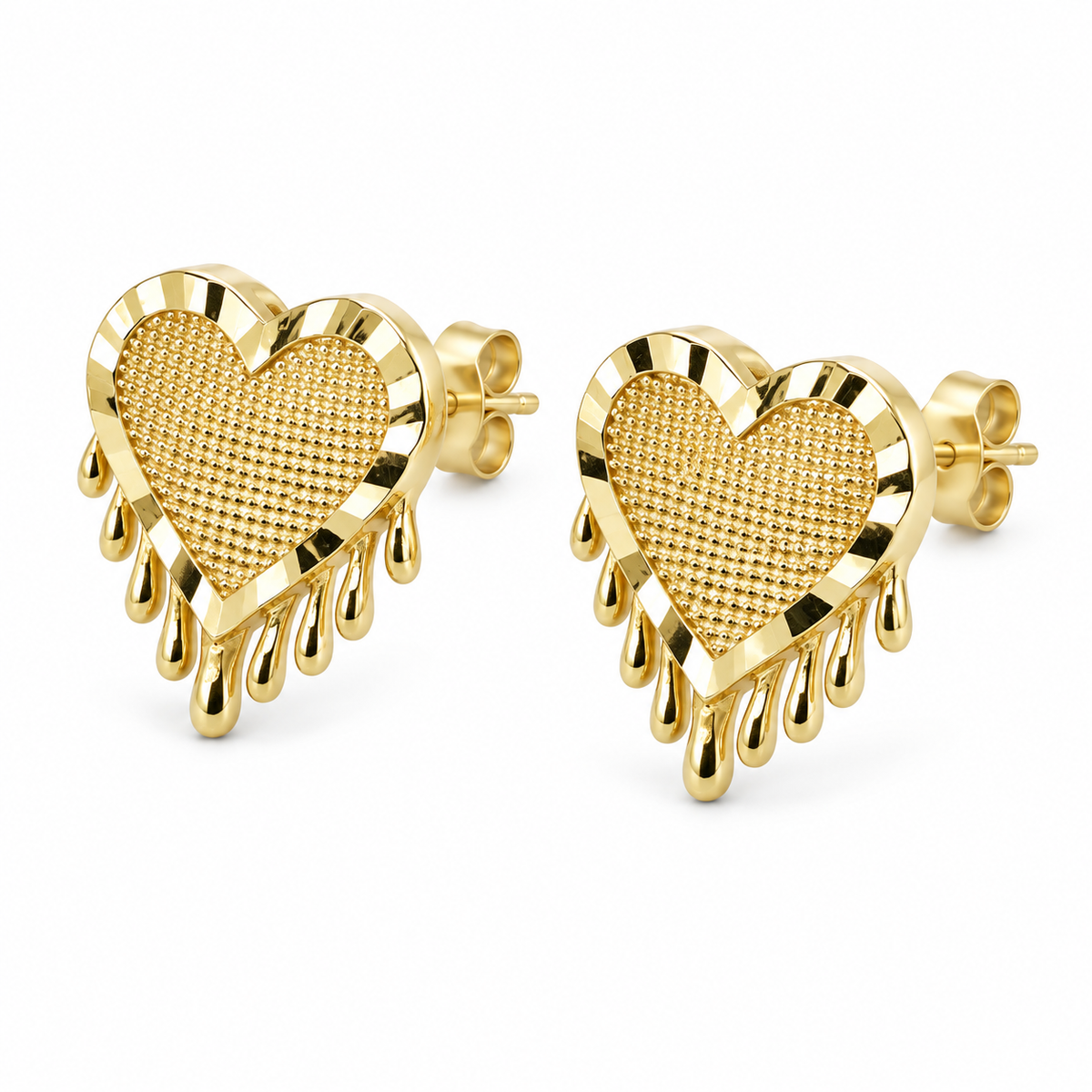 10K Yellow Gold Mini Dripping Heart Earrings - 45 degree view