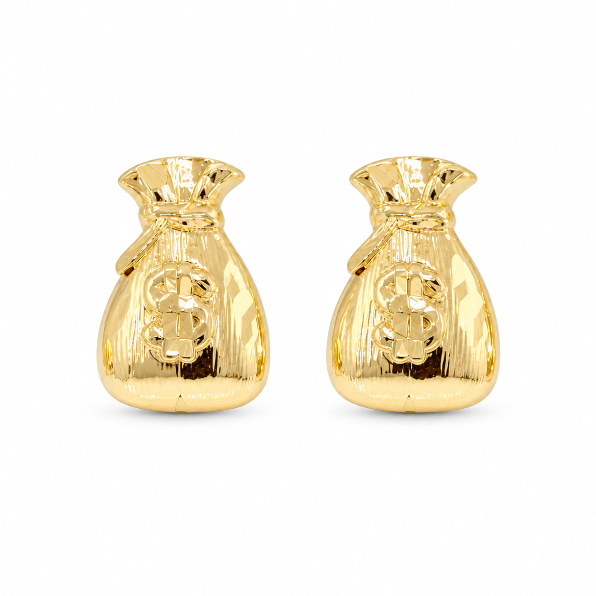 10K Yellow Gold Mini Money Bag Earrings - front view
