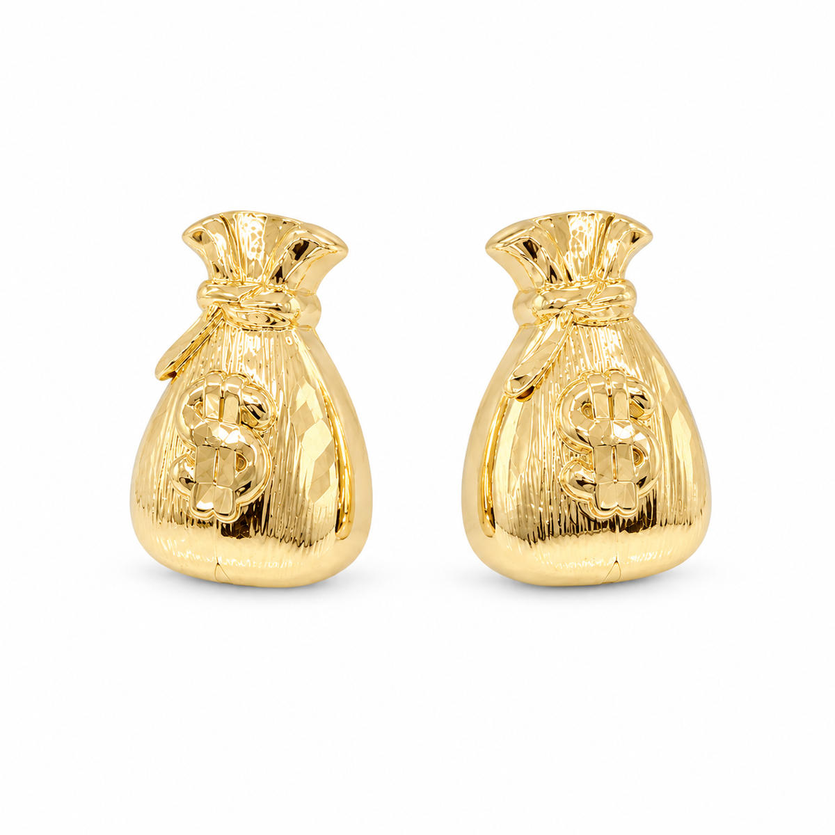 10K Yellow Gold Mini Money Bag Earrings - 45 degree view