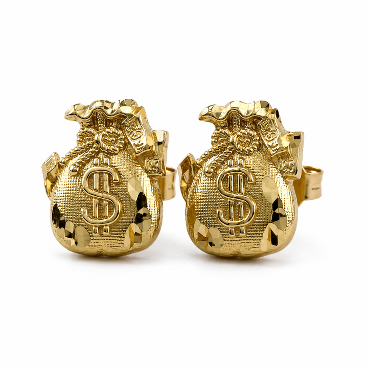 10K Yellow Gold Mini Moneybag 2 Earrings - front view
