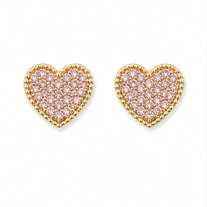 10K Yellow Gold Mini Pink Bead Heart CZ Earrings - front view