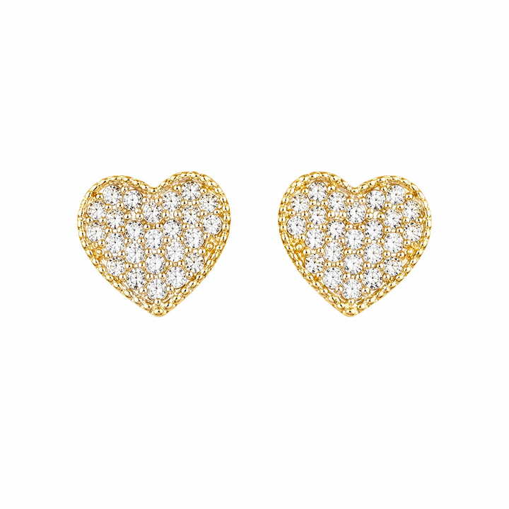 10K Yellow Gold Mini White Bead Heart CZ Earrings - front view