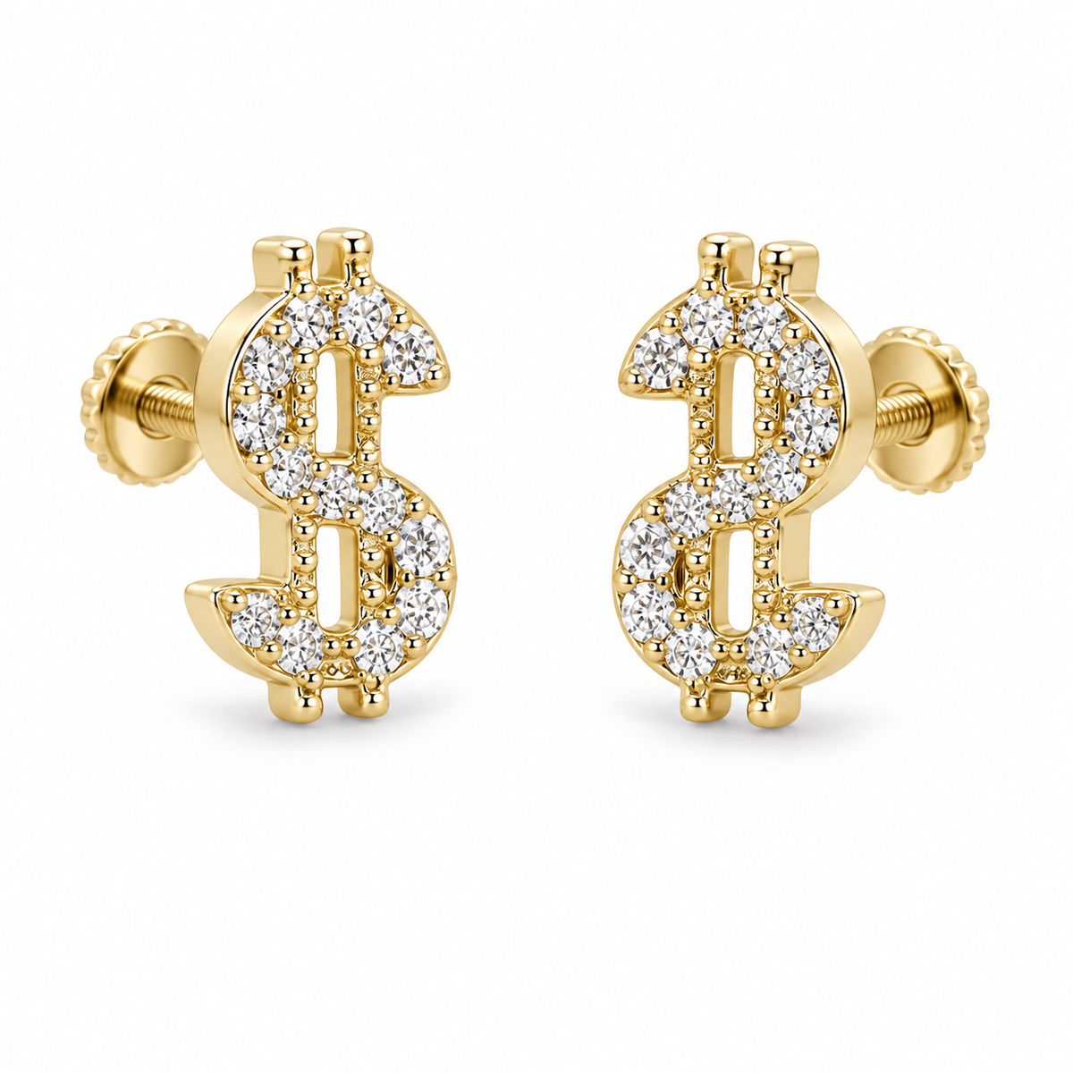 10K Yellow Gold Natural Diamond Money Sign Earrings (Screwbacks) - 45 degree view
