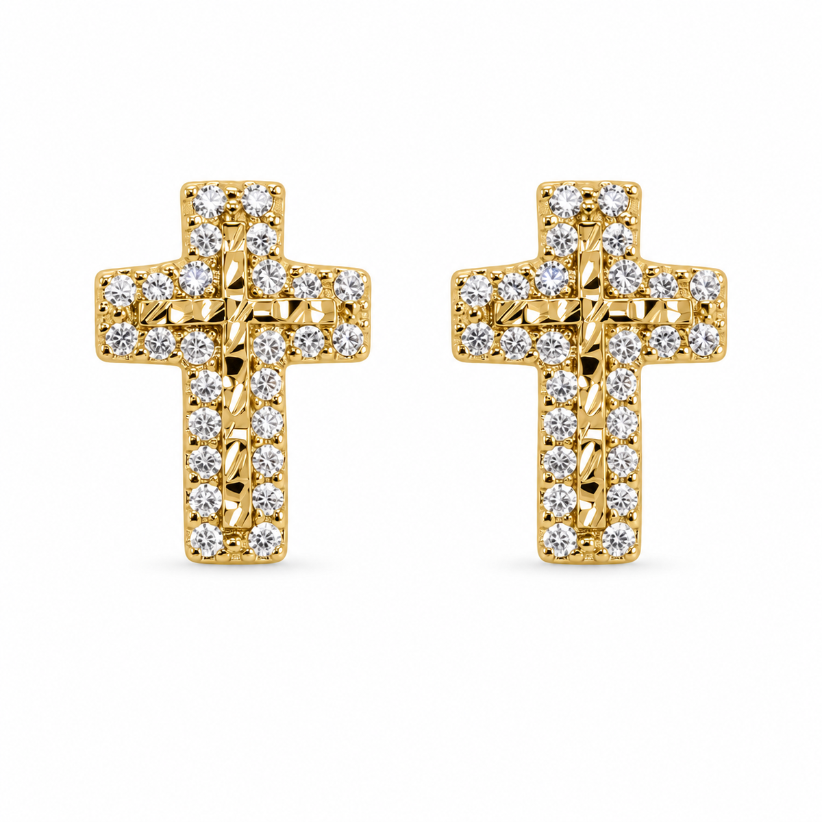 10K Yellow Gold Nugget CZ Cross Earrings (S) - front view