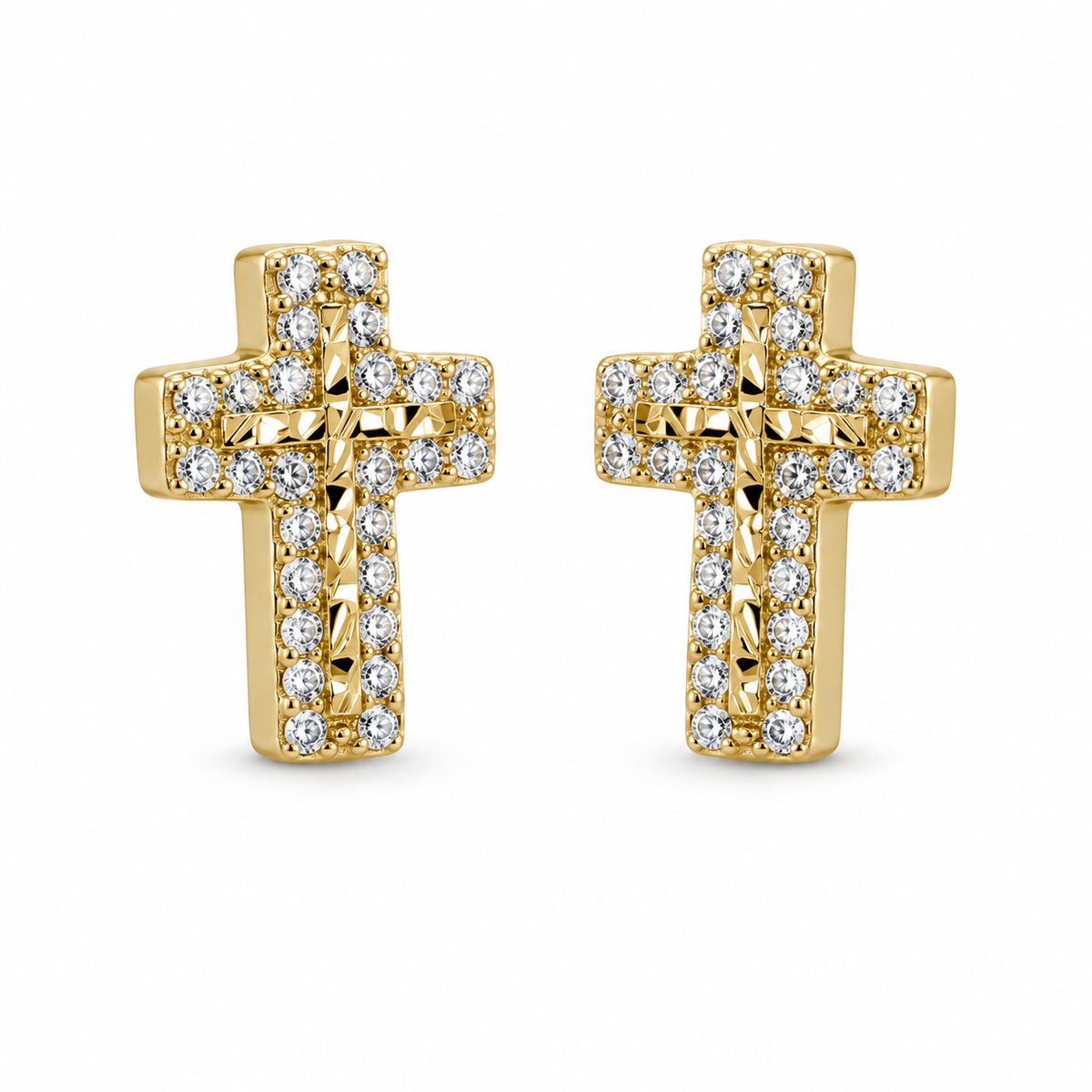 10K Yellow Gold Nugget CZ Cross Earrings (S) - 45 degree view