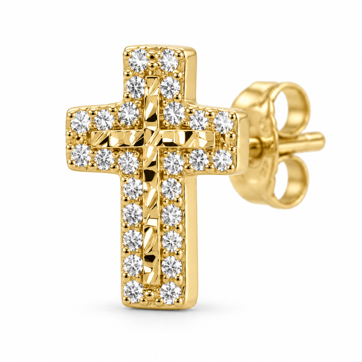 10K Yellow Gold Nugget CZ Cross Earrings (S) - macro detail