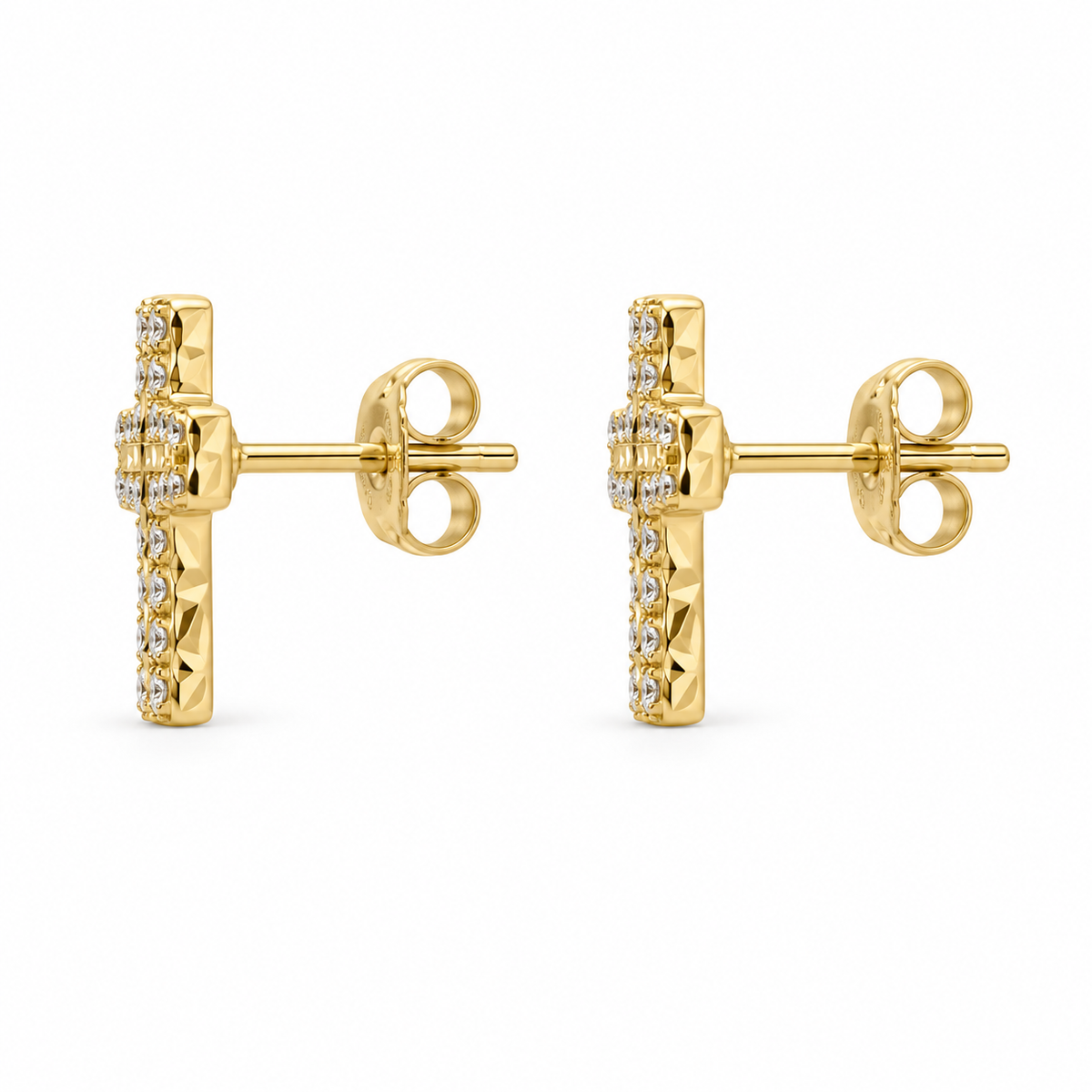 10K Yellow Gold Nugget CZ Cross Earrings (S) - side view