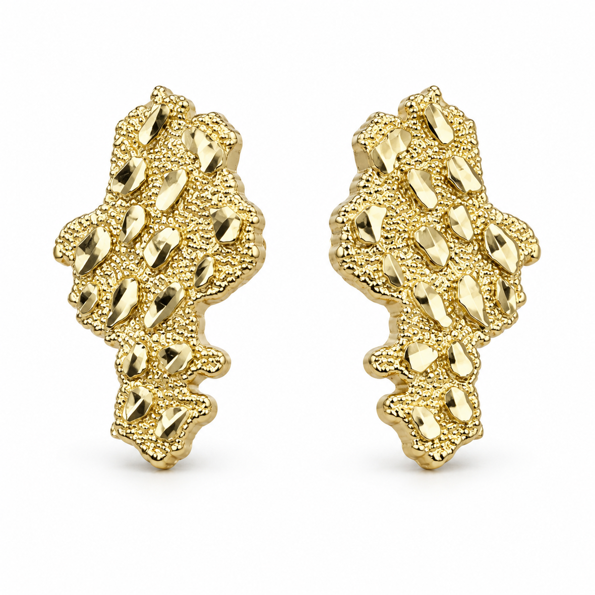 10K Yellow Gold Nugget Shaped Earrings Medium - 45 degree view