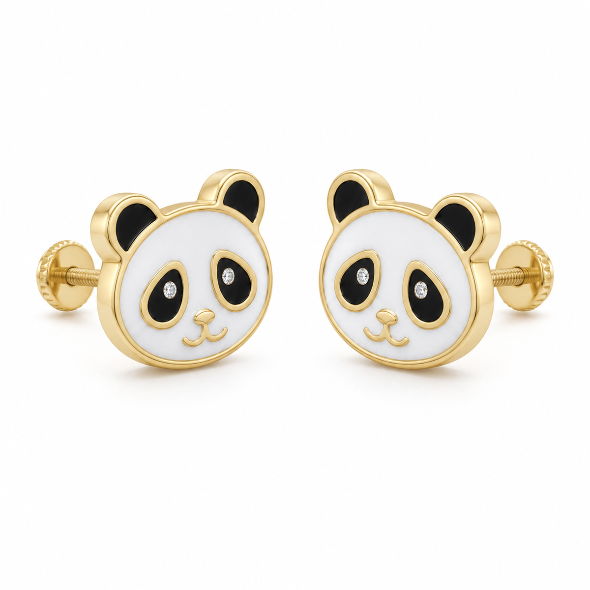 10K Yellow Gold Panda Earrings (Screwback) - 45 degree view