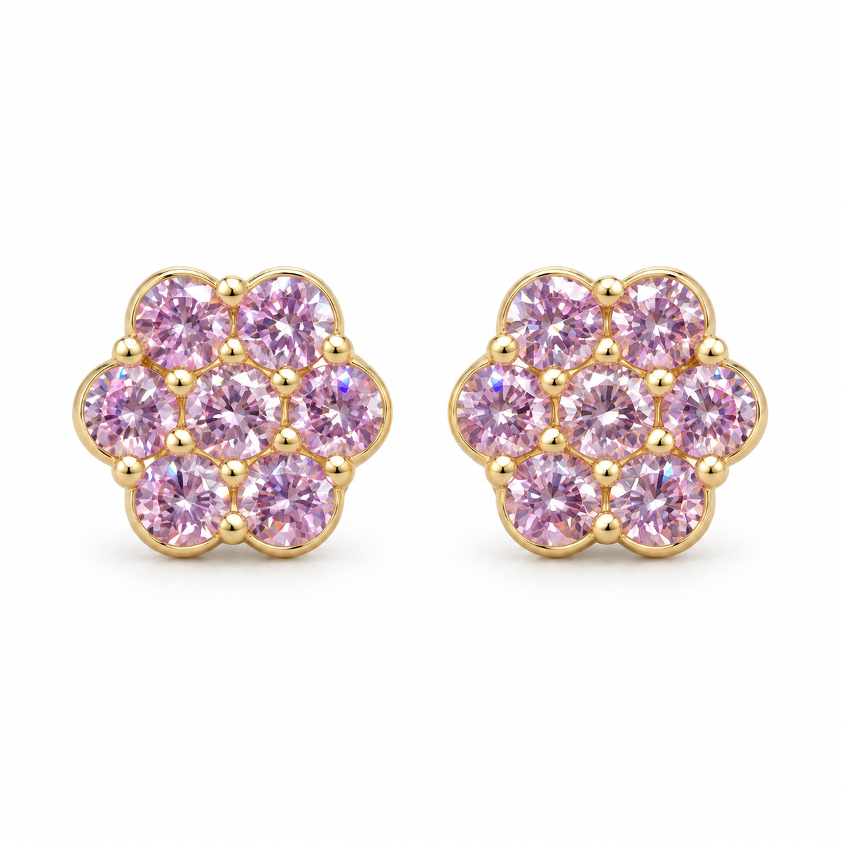 10K Yellow Gold Pink CZ Flower Earrings - front view